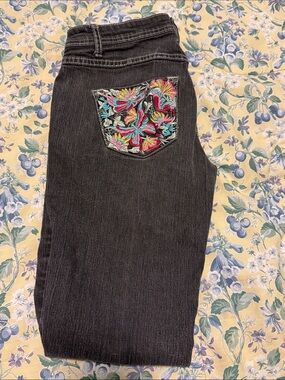 Women’s Straight Leg Gray Sizzle Jeans with Multicolor Embroidered Back Pockets